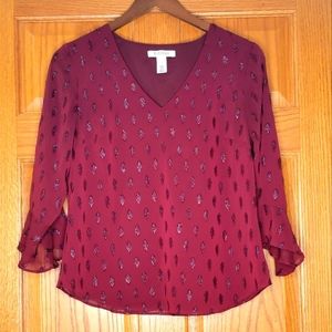 Like NEW Sparkle WHBM Burgundy Lurex Ikat Flare Sleeve Fully Lined Sz 2